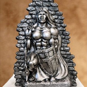 Male Warrior Relief bodybuilding trophy with platinum pewter 2-dimensional embossed muscular female warrior emerging from stone arch frame
